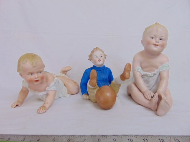 3 Heubach style piano babies, crawling baby 7.25" long, sitting baby 7.75" tall & boy on ball, (1 of 9)