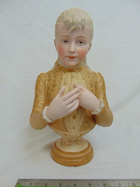 Bisque porcelain bust, young woman with gilt accented dress, on pedestal base, in good condition, (1 of 5)