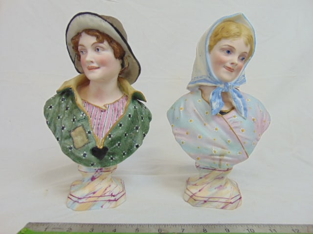 Pair French bisque porcelain busts, marked "M.F.", faux marble bases, height is 10.25" tall, in good (1 of 6)