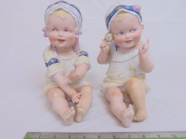 Pair German bisque porcelain piano babies, one has repair to leg, height is 9.25", both need (1 of 7)