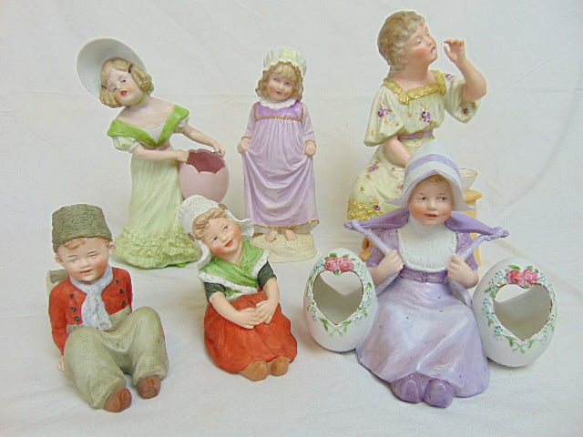 Lot of 6 bisque porcelain figurines, includes pair Dutch boy & girl planter figures, 4.75" tall, (1 of 11)