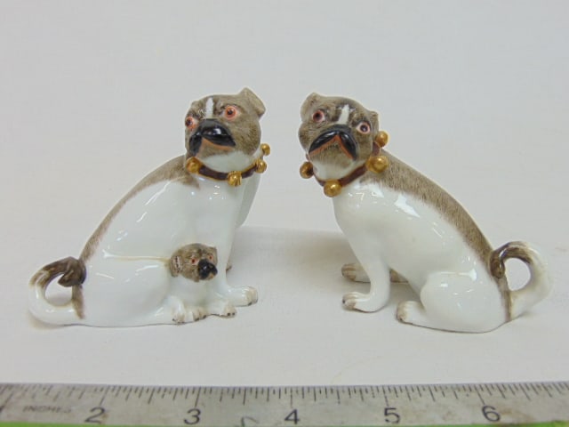 2 small Dresden porcelain pugs, dog figurines, one with puppy, 3" tall, in good condition.: 2 small Dresden porcelain pugs, dog figurines, one with puppy, 3" tall, in good condition.
