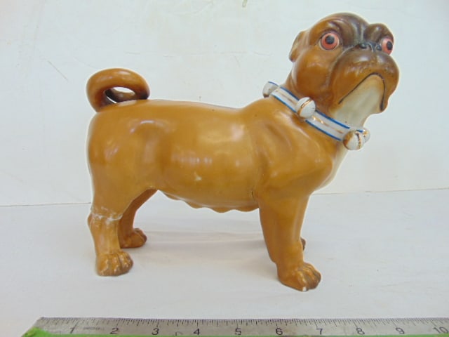 Porcelain pug dog, no markings, has broken leg, small chip on toe & missing bell on collar, 9.5" (1 of 5)