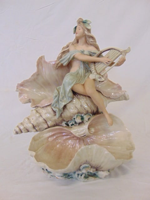 Royal Dux porcelain figure, girl on a seashell, has small planter in back, 13" wide, 10.5" deep, (1 of 8)