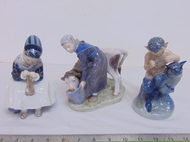 3 porcelain Royal Copenhagen figurines, Pan playing his flute, 6.25", woman knitting, 6" & woman (1 of 13)