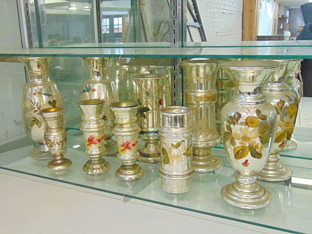 10 mercury glass vases, paint decorated, includes 3 pairs & 4 single, largest vases are 11.5" tall, (1 of 6)