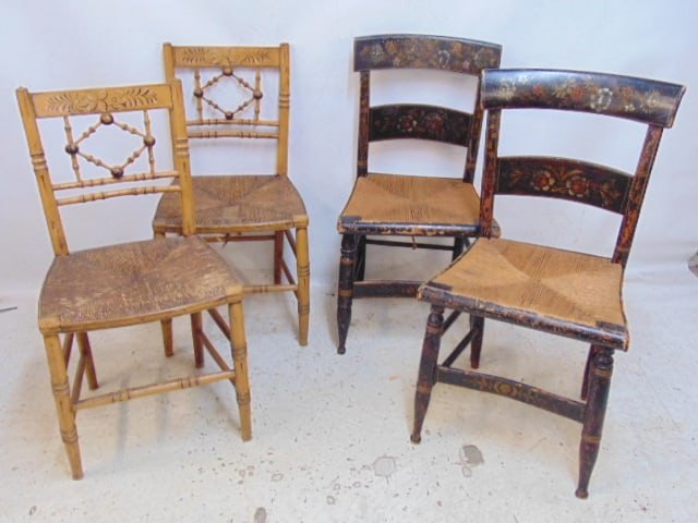 2 pairs of chair, stenciled Hitchcock chairs & pair with decorative diamond motif carved backs, both (1 of 7)