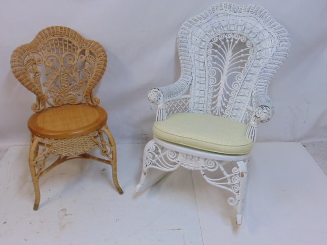 Wicker rocker & side chair, rocker in white paint, side chair natural, rocker is 24" wide, 17" deep, (1 of 6)
