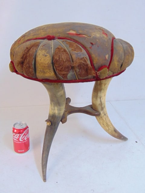 Horn based stool, distressed leather seat, round, stool is 17.5" wide, height is 19.5" (1 of 4)