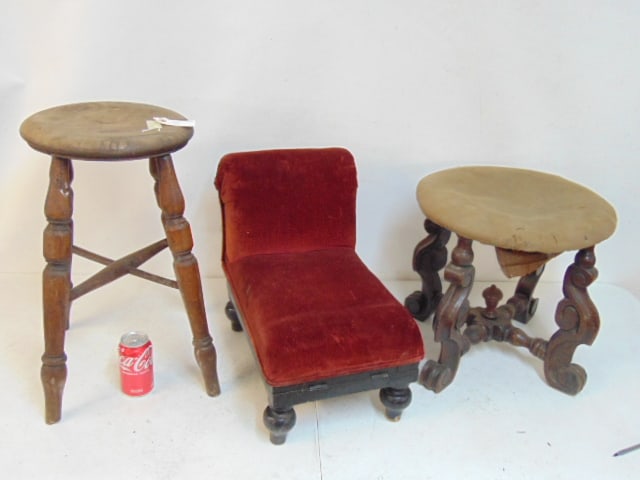 3 stools, Flemish style stool with carved legs & upholstered seat, primitive stool & small chair in (1 of 8)