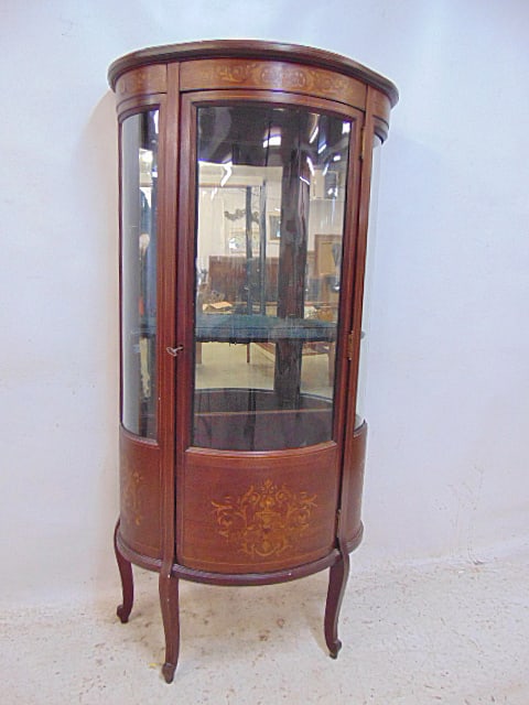 Inlaid mahogany curio cabinet, curved glass, one shelf, with key, 27" wide, 13.5" deep, height is 55 (1 of 6)