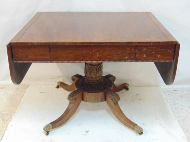 Rosewood regency style sofa table with drop leaf sides, single drawer, finish shows "blotches", (1 of 8)