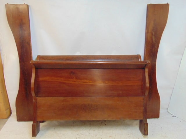 3/4 mahogany sleigh bed with rails, with bolts, one board has split, some loose veneer on base, (1 of 6)