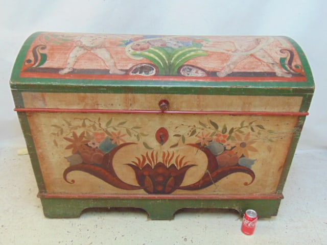 Large paint decorated domed top Pennsylvania Dutch style chest or trunk, 46.75" wide, 23.5" wide, (1 of 7)