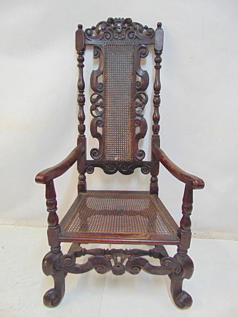 Antique Flemish style ram chair with high back & caned seat, height is 49.5" (1 of 4)