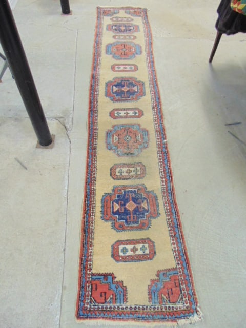 Persian runner, beige with blue & red border, carpet is 11 feet long, 25" wide, worn (1 of 5)