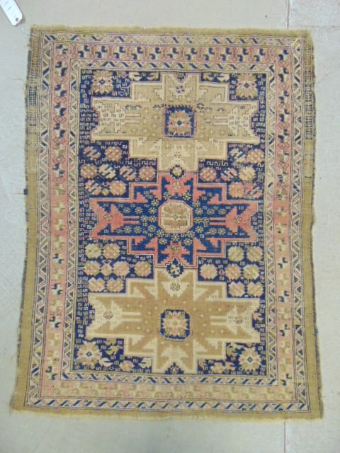 Early Persian scatter rug, Sumac (?), worn, carpet is 55" by 41" (1 of 4)