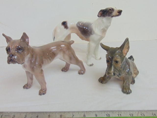 3 porcelain dog figurines, Borzoi by Dahl Jensen, 11" long, 7.5" tall; Boxer by Dahl Jensen, 8.25" (1 of 10)