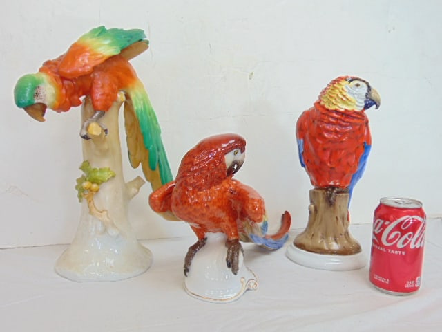 3 large porcelain parrots, Macaws, includes two Rosenthal parrots, 11.5" & 8.5" tall, & German (1 of 13)