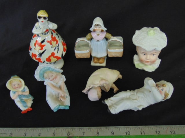 8 porcelain figurines, wobbler Dutch girl with 2 baskets, fashionable lady with floral dress & (1 of 8)