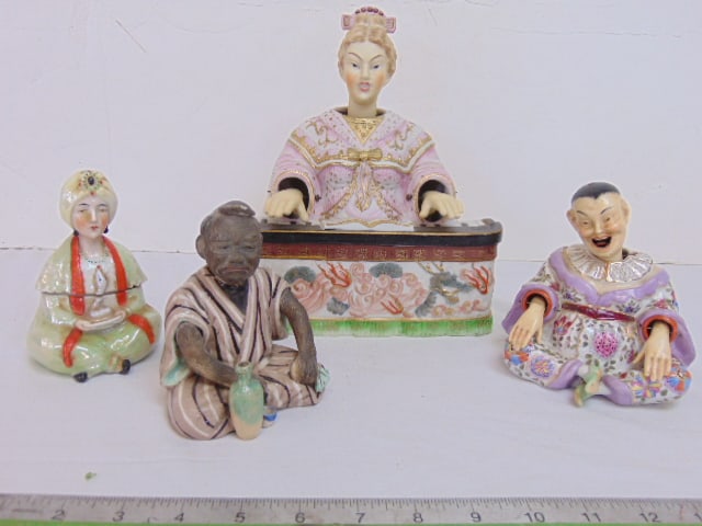4 porcelain figures, 3 nodders & figural pen holder, Ardalt Lenwile nodder of a woman playing piano, (1 of 11)