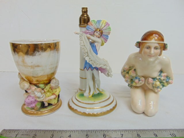 3 porcelain pieces, nude girl with flowers, Volkstedt, height is 6", cup on figural base with gilt (1 of 13)