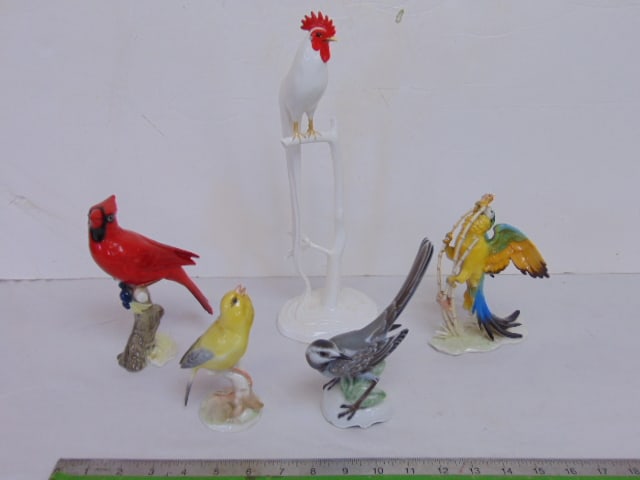 5 porcelain bird figurines, Hutschenreuther cardinal (paper label as well), height is 6 5/8"; (1 of 17)