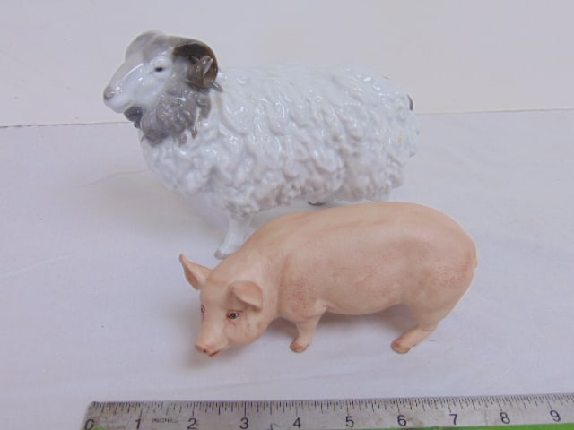 Porcelain ram & Aynsley bisque porcelain pig, ram is 7.75" long, height is 5.75", pig is 6" long. 3" (1 of 7)