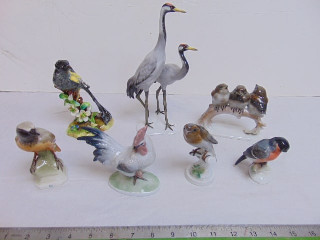 7 porcelain birds, Rosenthal, Nymphenburg, Staffordshire, Alka Kunst, tallest figure is 9.5", three (1 of 18)