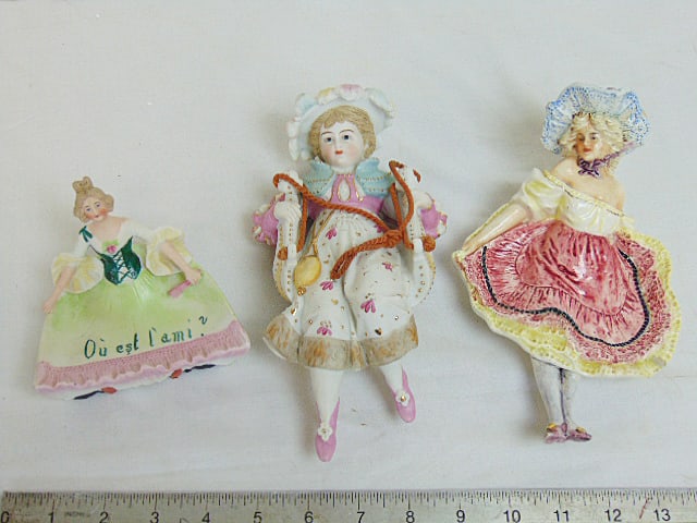 3 porcelain figurines, 2 "naughties", "Ou est l'ami?" bisque figure, woman with hat and dress, plus (1 of 8)