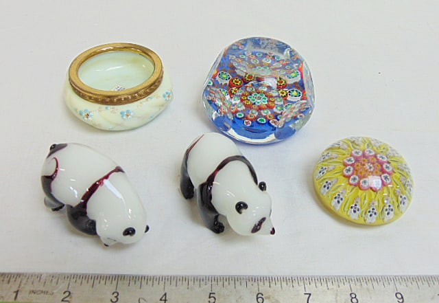 Glass lot, 2 art glass paperweights, 2 glass panda bears & small Wavecrest dish, larger paperweight (1 of 8)