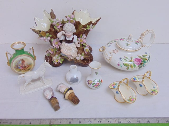 Misc. porcelain lot, floral decorated teapot, figural double vase, small horse figure, 2 porcelain (1 of 12)