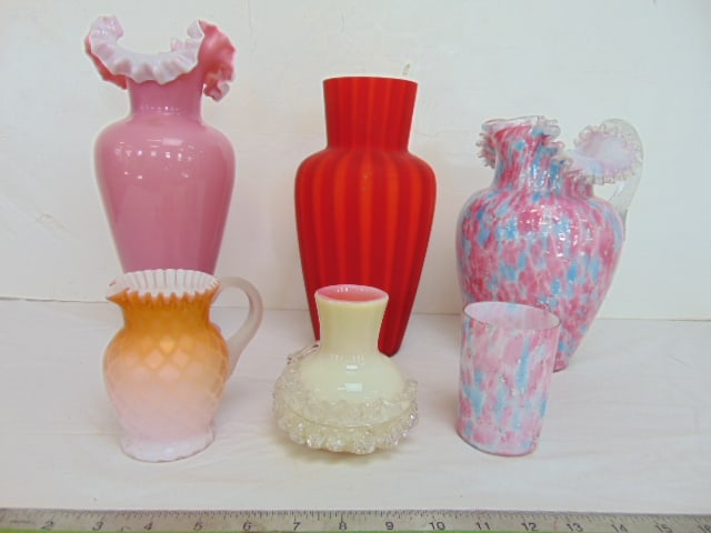 6 glass vases, pitchers & cup, includes pink & blue pitcher with matching cup, pitcher is 9.5" tall, (1 of 8)