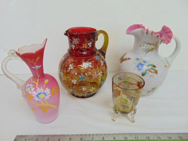 4 pieces enameled glass, 2 pitchers, small pink ewer & three legged cup, all floral decorated, good (1 of 11)
