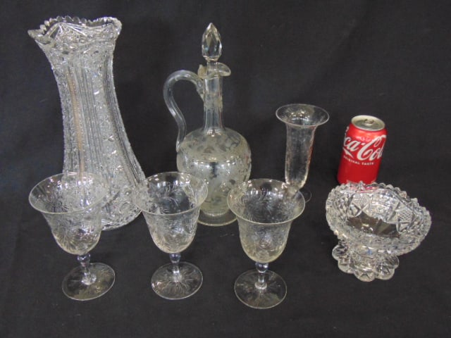 Crystal lot, decanter with 3 stems, small vase, tall cut glass vase & crystal bowl, tall vase is 11 (1 of 9)