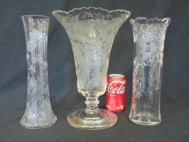 3 crystal vases, etched with floral decorations, one vase has small chip top rim, one has chipped (1 of 7)