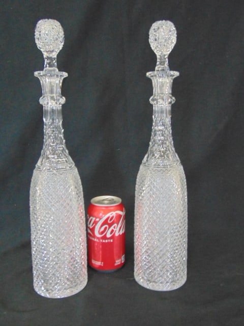 Pair tall cut glass decanters with stoppers, height is 15.75", in good condition (1 of 4)