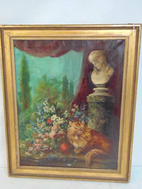 Painting, still-life with flowers, cat & bust, unsigned, oil on canvas, old patch repair, canvas is: Painting, still-life with flowers, cat & bust, unsigned, oil on canvas, old patch repair, canvas is 30" by 23.5", framed size is 35" by 29.25"