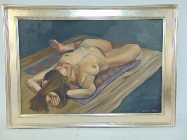Painting, reclining nude, signed Louis Witkin, in silver leaf frame, canvas is 24" by 36", framed: Painting, reclining nude, signed Louis Witkin, in silver leaf frame, canvas is 24" by 36", framed size is 30" by 42"