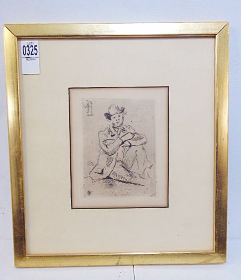 Etching by Paul Cezanne, "Portrait of Guillaumin with a Hanging Man", 7" by 5.75" (matting), framed (1 of 4)