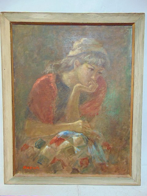 Painting, "Pensive Woman", signed Brock (Frank Brokenshaw), oil on canvas, 32" by 25", framed size: Painting, "Pensive Woman", signed Brock (Frank Brokenshaw), oil on canvas, 32" by 25", framed size is 37.5" by 30.5"
