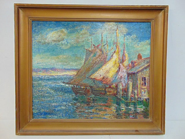 Painting, Fishing boats at dock, Frederic Louis Thompson, oil on board, 20" by 24" canvas board, (1 of 4)