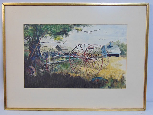 Painting, rustic farm scene, signed Allan Blagden, watercolor, 13.5" by 21.75", framed size is 23" (1 of 4)