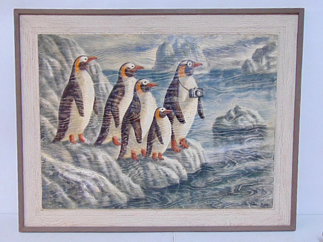 Painting, Arctic tourists, signed Gurdon Howe, oil on wood panel, showing a group of penguins on the (1 of 5)