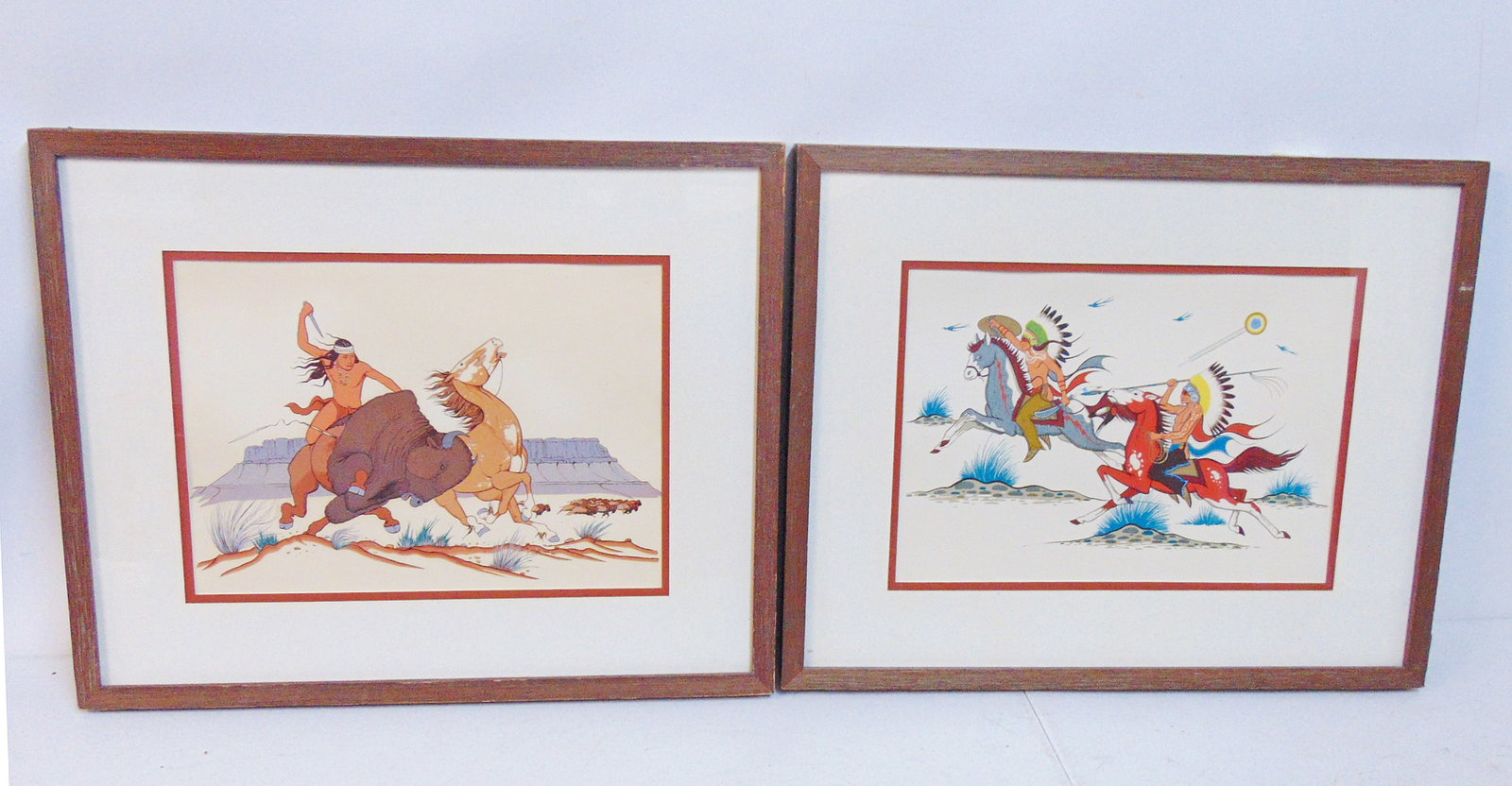 2 painting (silkscreens ?), Warriors on Horseback & Buffalo Hunter, unsigned, manner of Acee Blue (1 of 7)