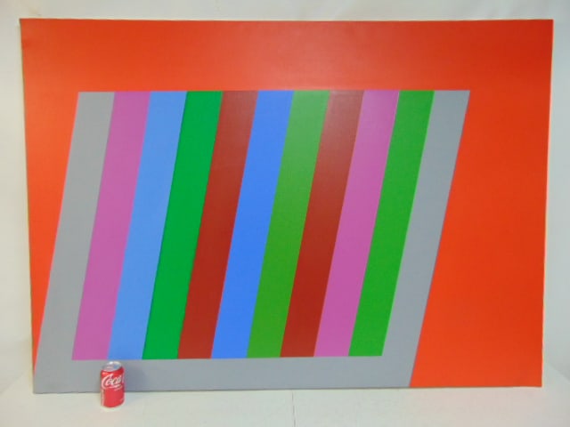 Painting, composition with colored stripes, on red field, unsigned, oil on canvas, 45" by 63" (1 of 4)