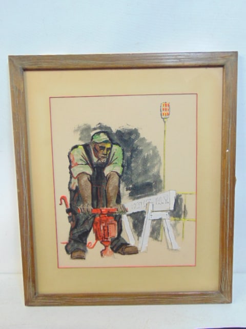Painting, man with jackhammer, illustration (?), unsigned, 10.25" by 10.75", framed size is 19 3/8": Painting, man with jackhammer, illustration (?), unsigned, 10.25" by 10.75", framed size is 19 3/8" by 16 5/8"