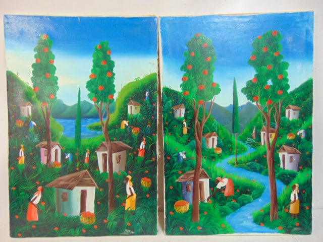 2 Haitian paintings signed Astrel ( Monestime), village scenes with figures, oil on canvas, 24" by: 2 Haitian paintings signed Astrel ( Monestime), village scenes with figures, oil on canvas, 24" by 16" each