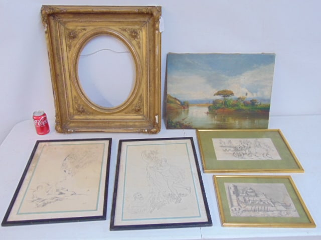 Art lot & gilt frame, includes oil painting, landscape, possibly Indonesian, signed ill., 15 3/8" by (1 of 9)