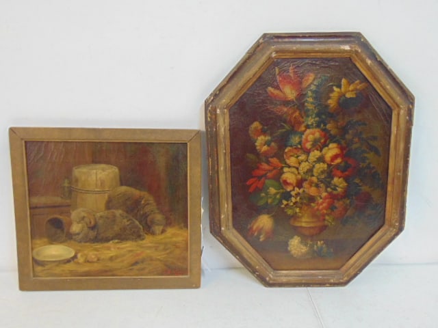 2 oil paintings, sheep in barn, signed J.L. Wimtus (??) oil on canvas, 15" by 16.5" & floral still: 2 oil paintings, sheep in barn, signed J.L. Wimtus (??) oil on canvas, 15" by 16.5" & floral still life, unsigned, octagonal frame, 23.25" by 18", sizes include frame